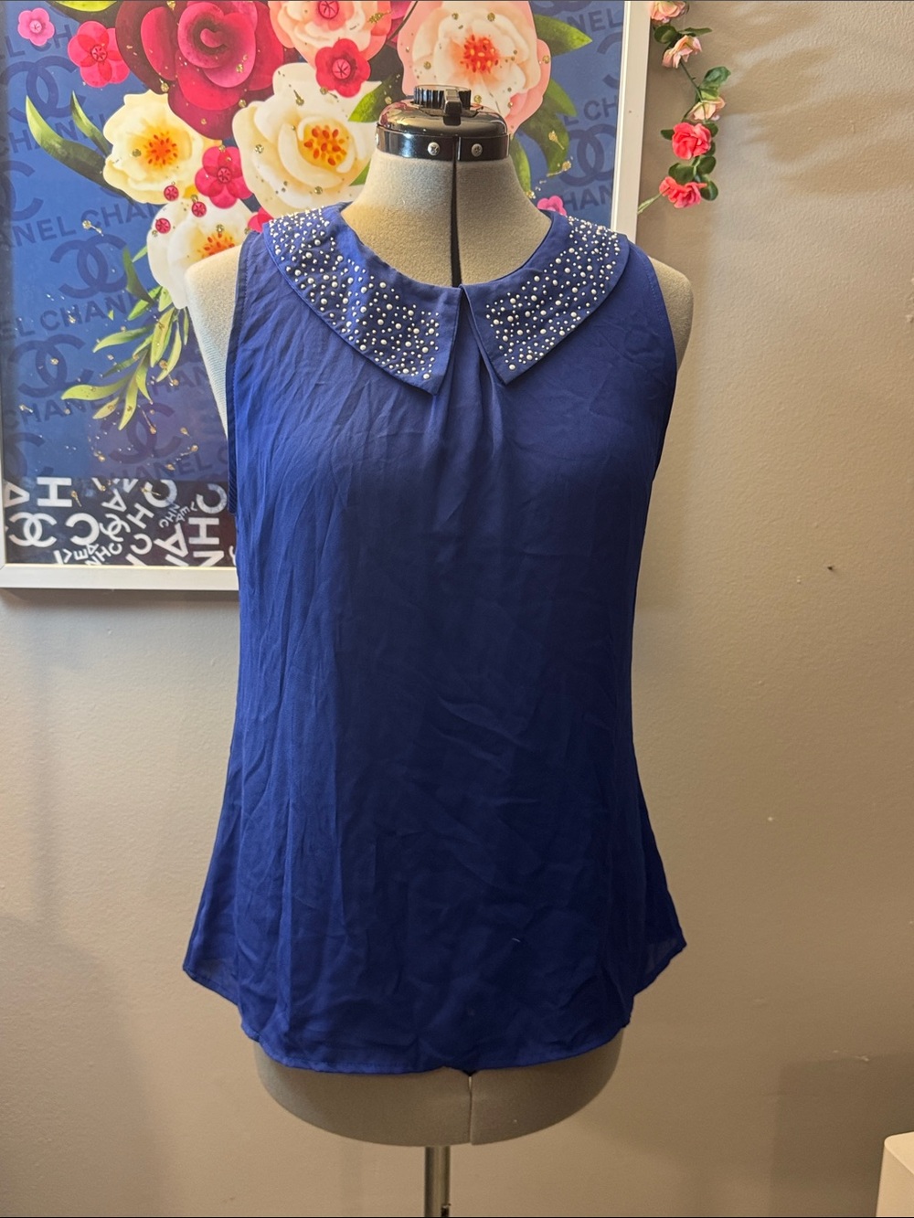 Sleeveless Embellished Peter Pan Collar Blouse - Blue